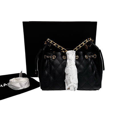 New CHANEL Caviar Leather 25 Mini Hobo Shoulder Bag Black GHW