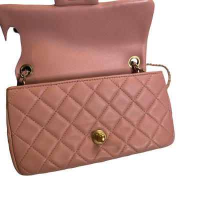 Used CHANEL Diamond Quilted Lambskin Mini Rectangular Flap Chain Shoulder Bag Pink