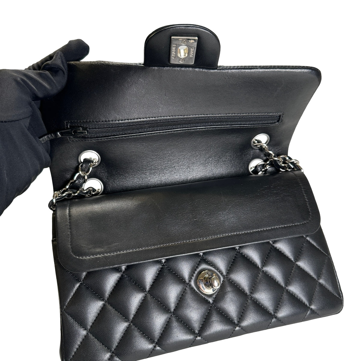 Used CHANEL Lambskin CF Crossbody Bag Black PHW