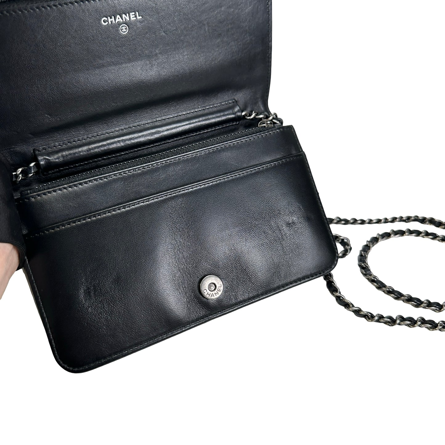 Used CHANEL Quilted Leather Quilted Shoulder Bag Silver Black