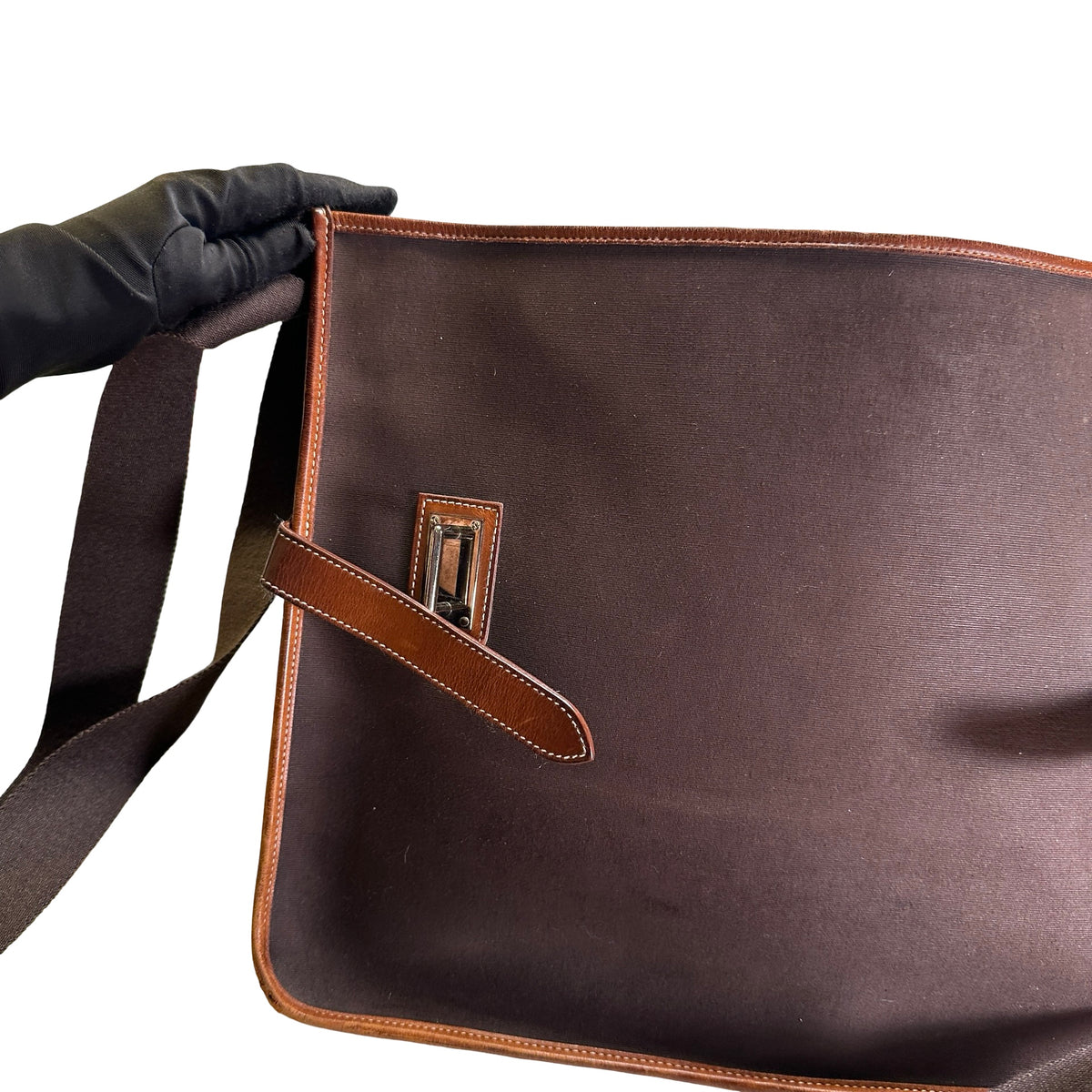 Used HERMES Canvas Leather Barda Shoulder Bag Brown