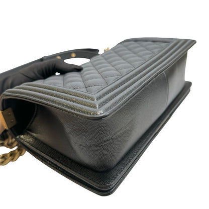 Used CHANEL Quilted Caviar Leather Le Boy Shoulder Bag Black Gold Hardware