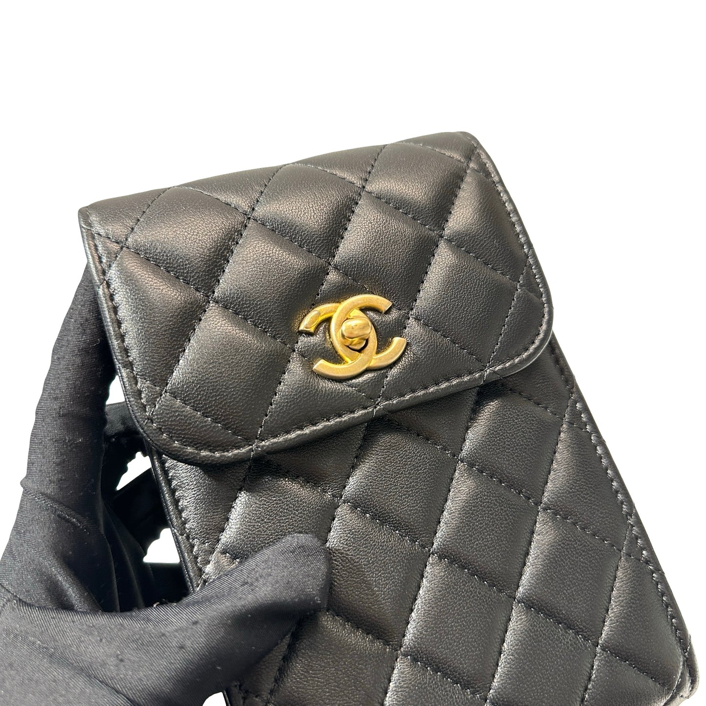 Used Chanel Lambskin Leather Phone with gold ball Cross Body Bag Black GHW