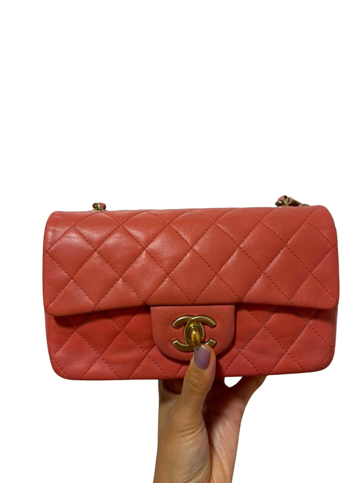 Used CHANEL Quilted Lambskin Mini Flap 20 cm Chain Shoulder Bag Pink GHW