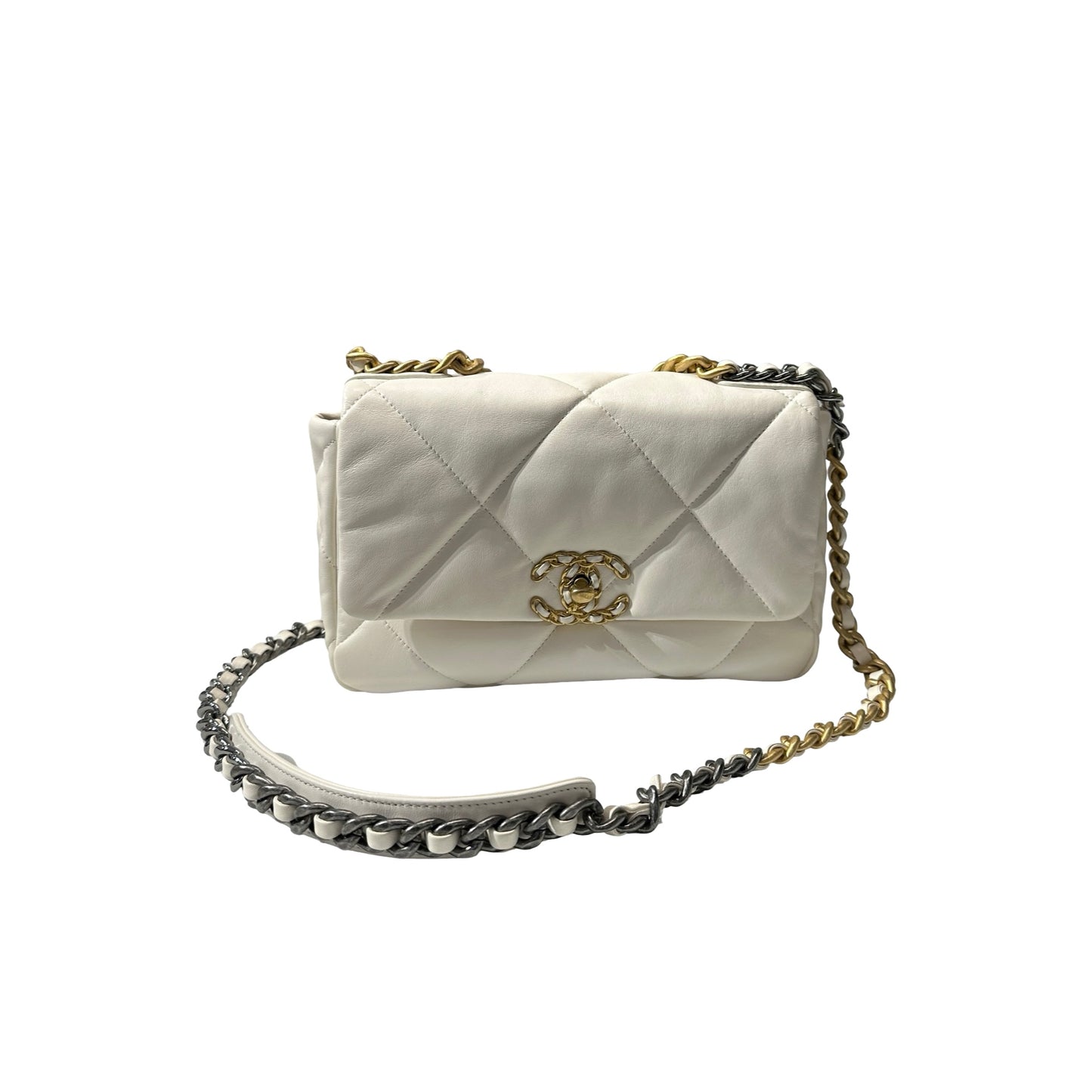 Used CHANEL Lambskin Leather 19 Small Shoulder Bag White GHW