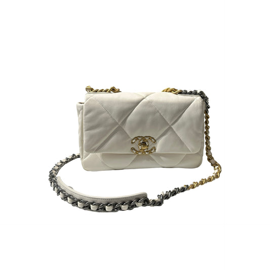 Used CHANEL Lambskin Leather 19 Small Shoulder Bag White GHW