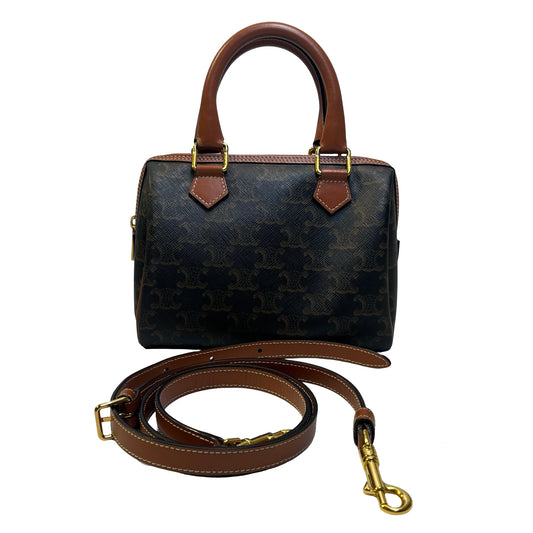 Used CELINE Triomphe Canvas Boston Handbag Black Brown