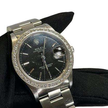 Used ROLEX Stainless Steel Diamond Bezel Oyster Perpetual Date Watch Silver Black