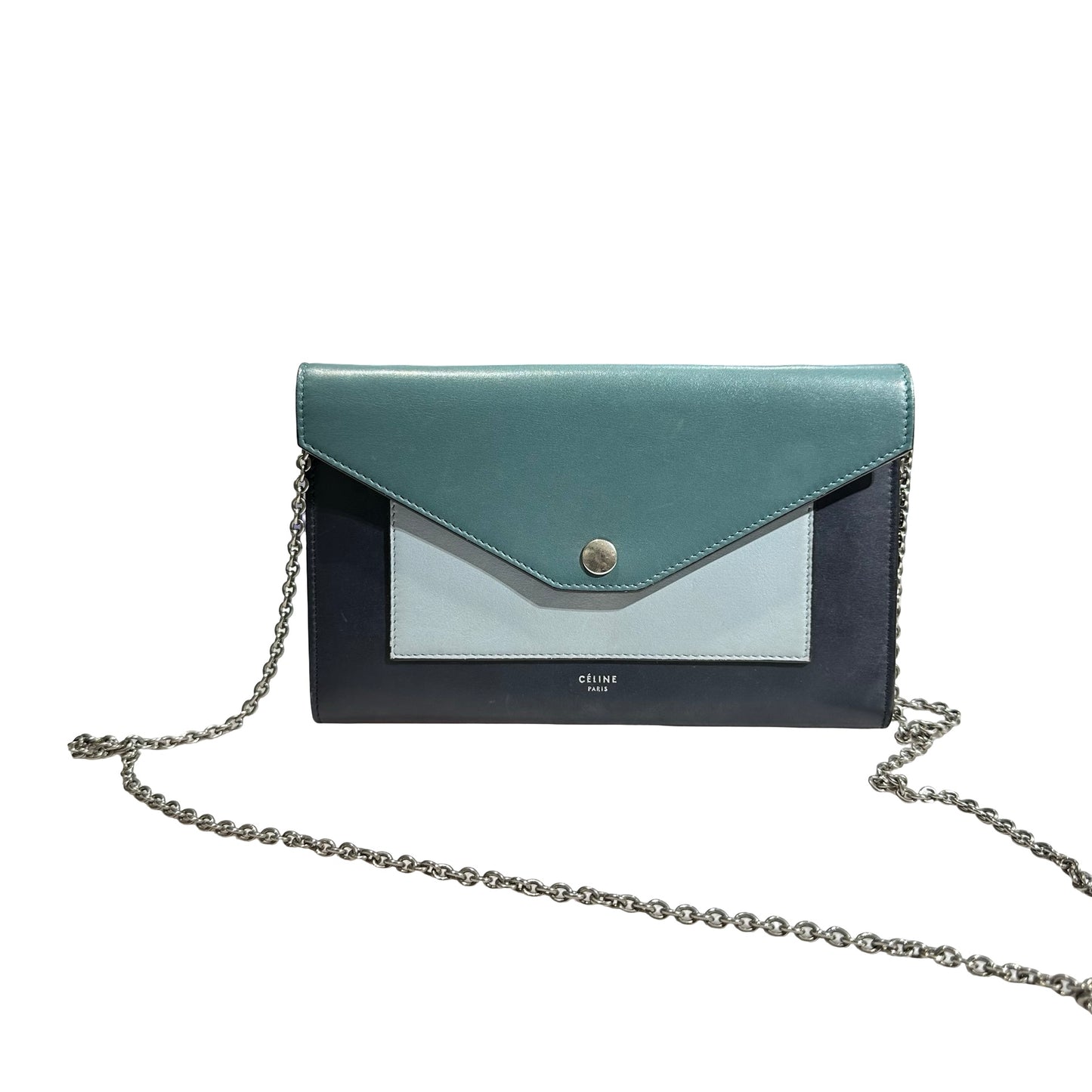 Used Céline Calfskin Leather Wallet on Strap Shoulder Bag Navy PHW