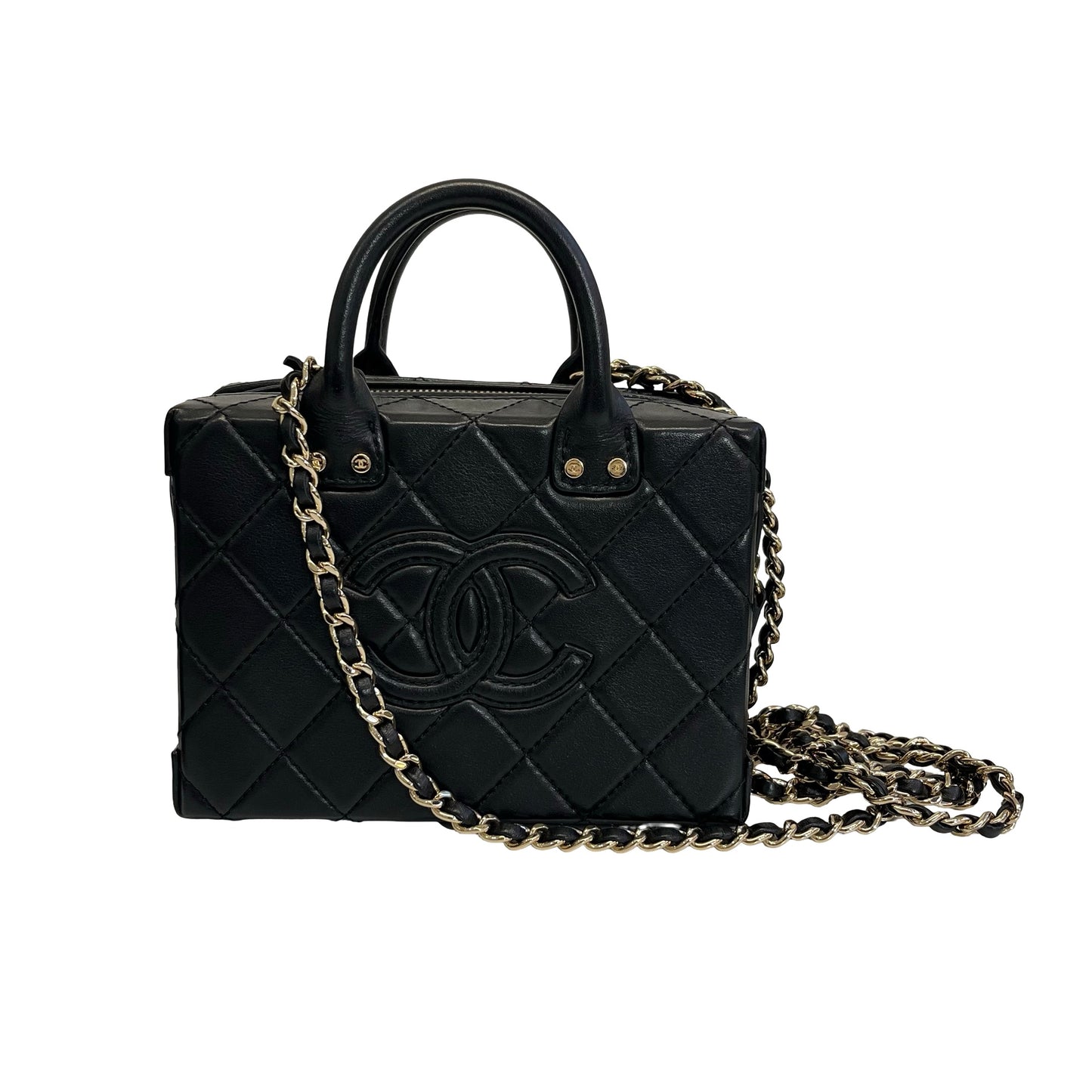 Used Chanel Calfskin Leather Vanity Case Shoulder Bag Black GHW