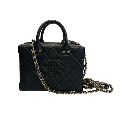 Used Chanel Calfskin Leather Vanity Case Shoulder Bag Black GHW