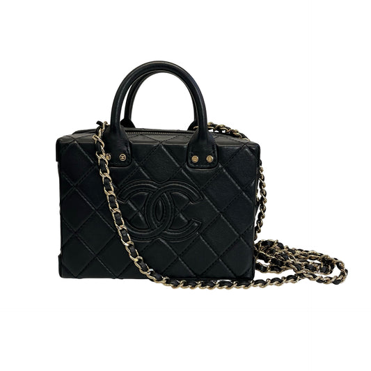Used Chanel Calfskin Leather Vanity Case Shoulder Bag Black GHW