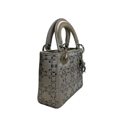 DIOR Cannage Studded Lady Dior Handbag Grey Silver