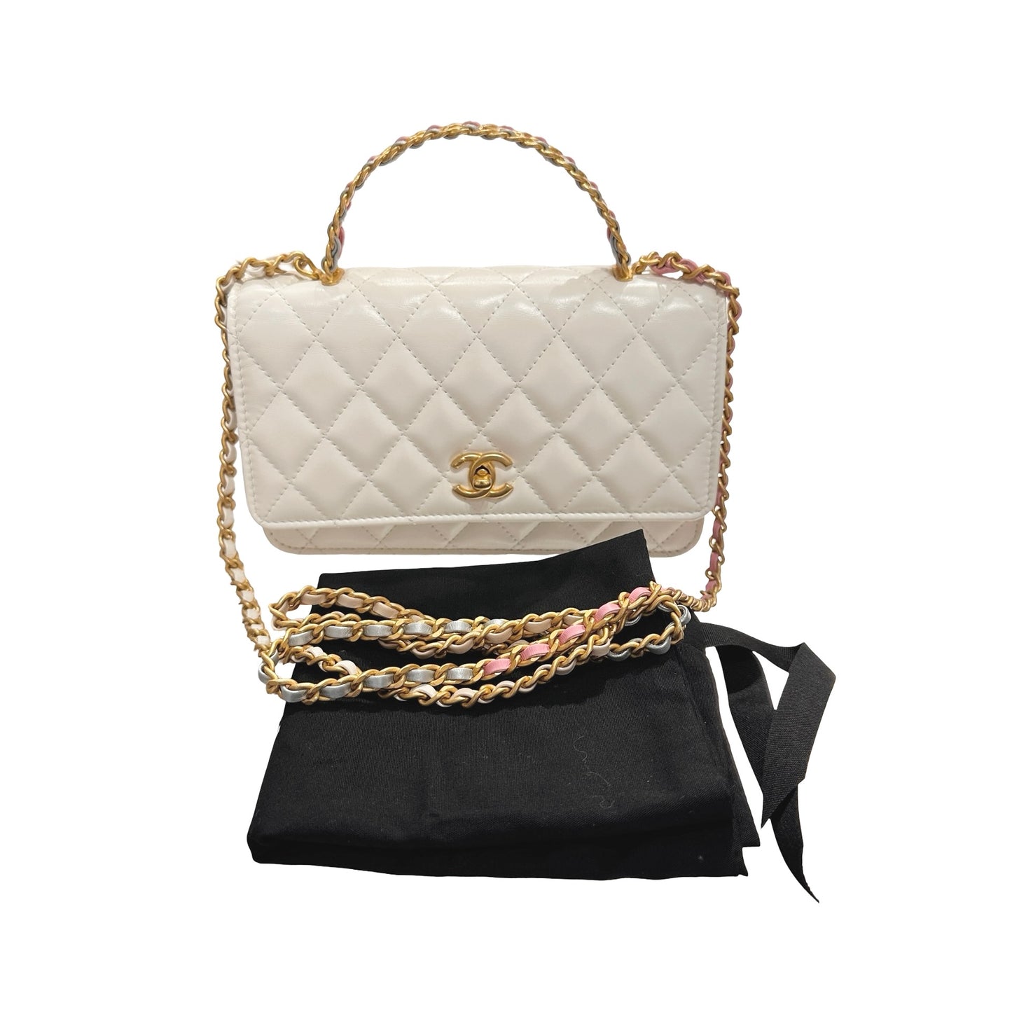 Used CHANEL Lambskin Leather 23P RAINBOW TOP HANDLE WOC Cross Body Bag White GHW