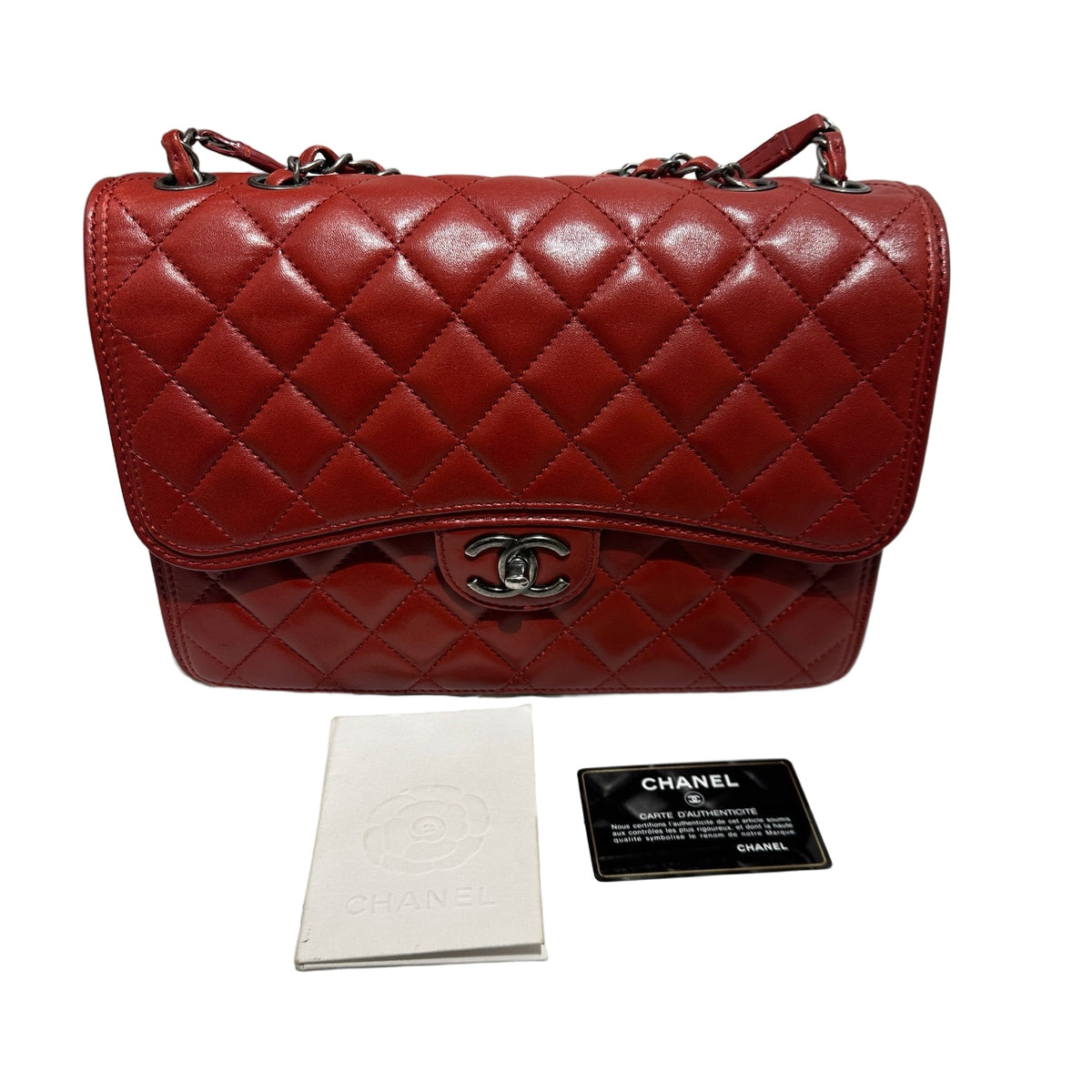 Used CHANEL Lambskin Large Citizen Zip Double Flap Bag Chain Shoulder Bag Red PHW