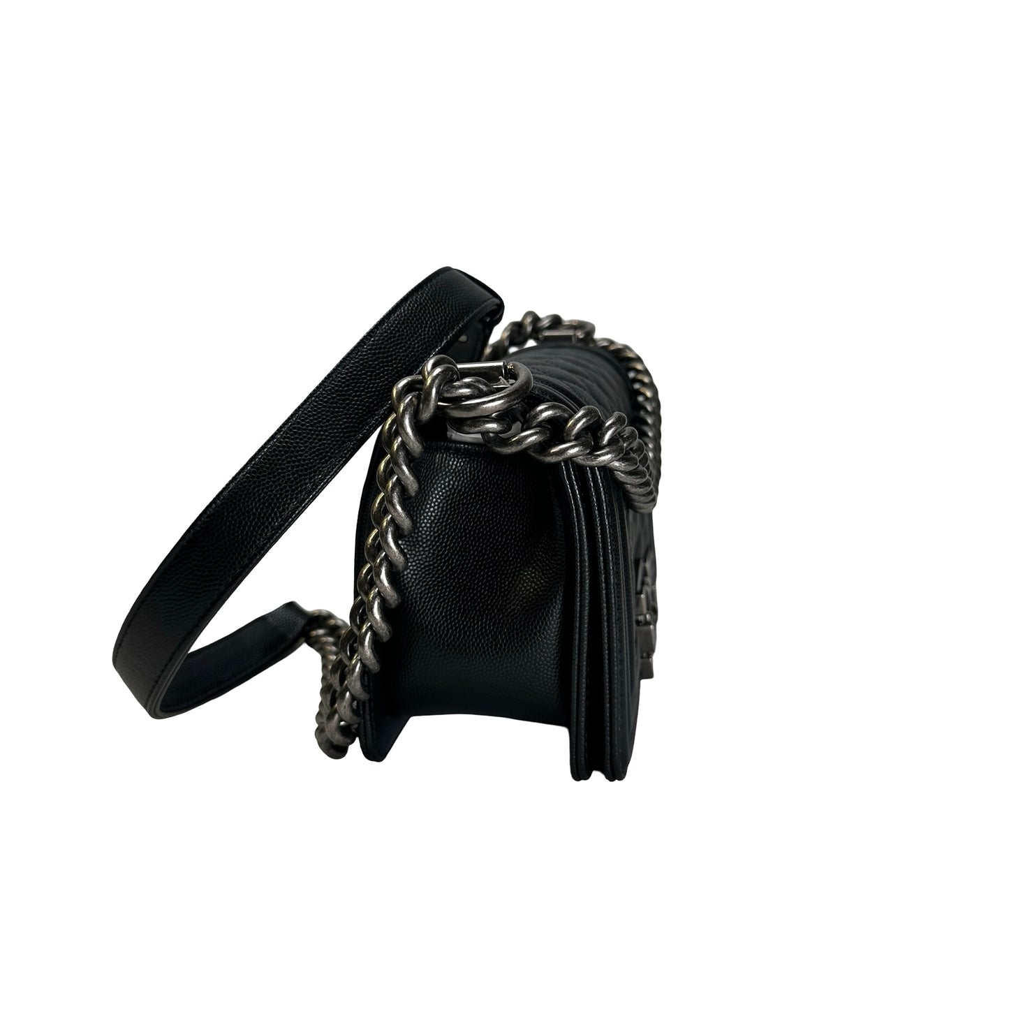 Used CHANEL Quilted Caviar Boy Chain Shoulder Bag Black