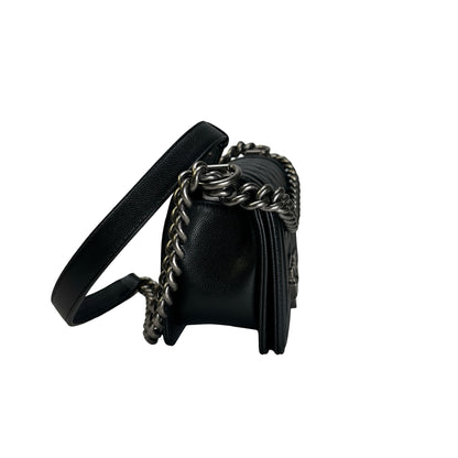 Used CHANEL Quilted Caviar Boy Chain Shoulder Bag Black