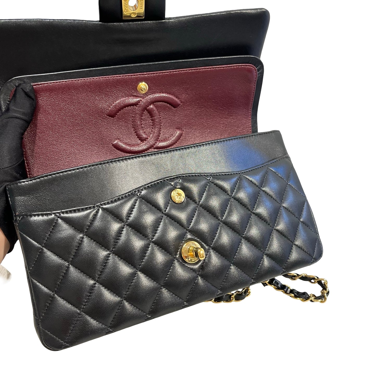 Used CHANEL Quilted Lambskin Classic Flap Chain Shoulder Bag Black Gold