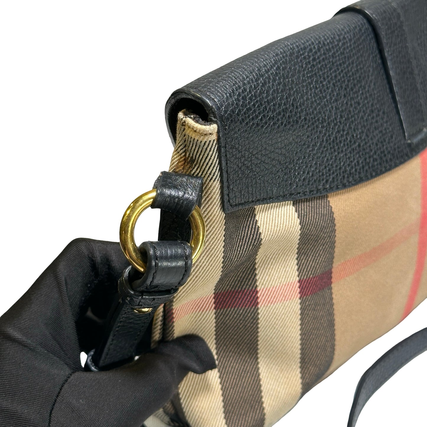 Used BURBERRY Haymarket Check Leather Haymarket Check Crossbody Crossbody Bag Beige Black Red Gold