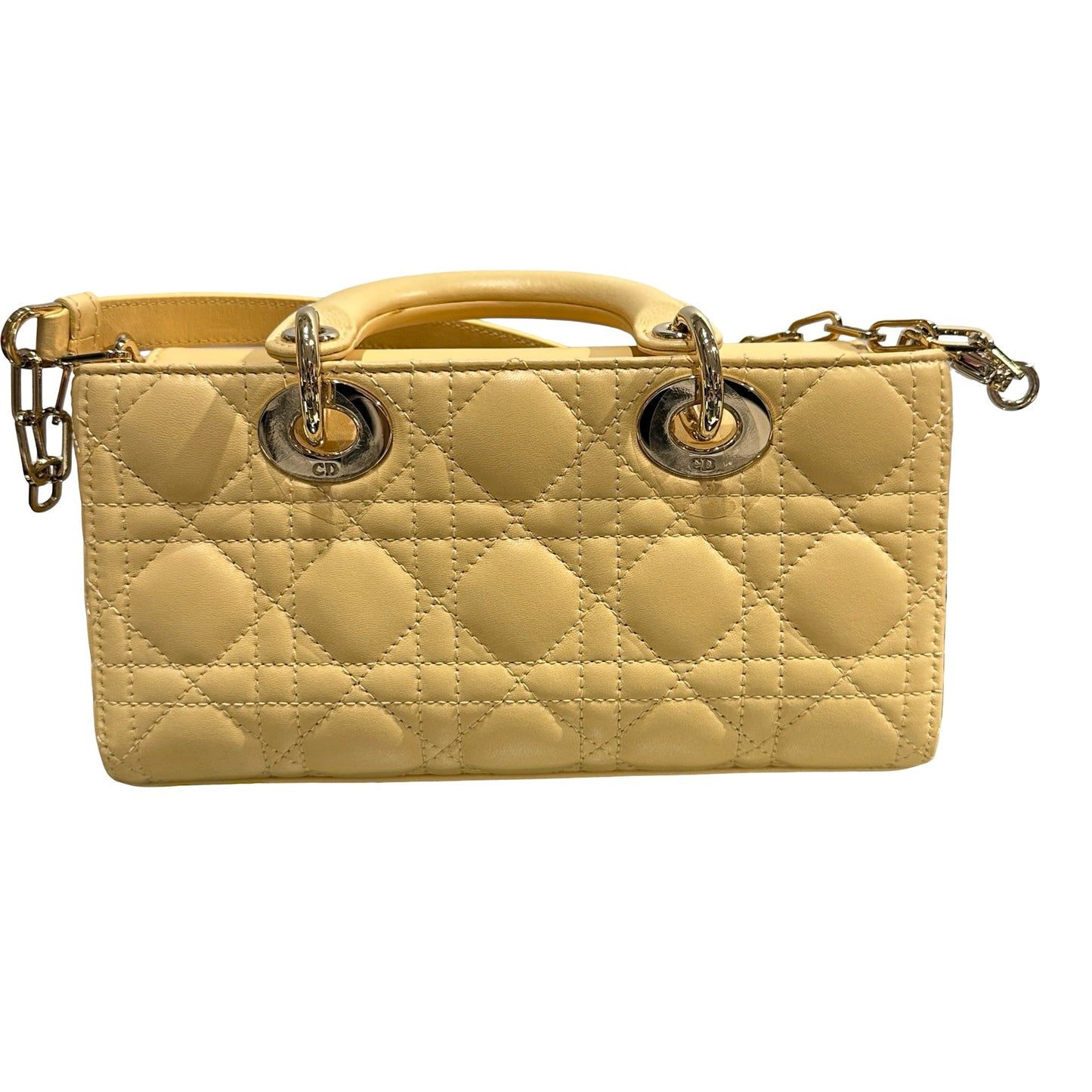 Used DIOR Lambskin Leather LADY D-JOY MINI Two Way Shoulder Bag Yellow PHW