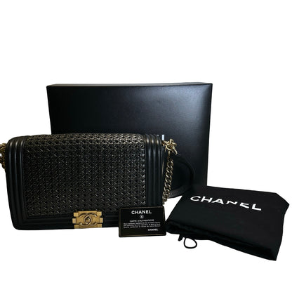 Used CHANEL Woven Leather Boy Chain Shoulder Bag Black Gold
