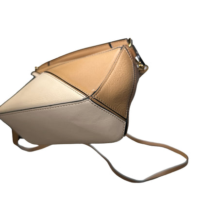 Used LOEWE Calfskin Leather MINI PUZZLE Cross Body Bag Beige Brown