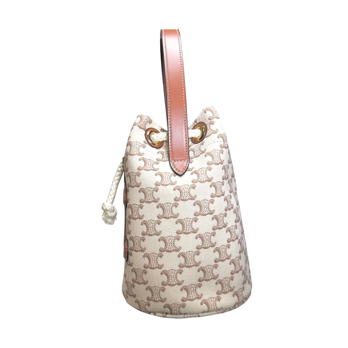 Used CELINE Triomphe Canvas Calfskin Teen Triomphe Drawstring Drawstring Bag Beige Brown GHW