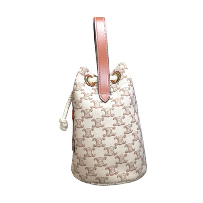 Used CELINE Triomphe Canvas Calfskin Teen Triomphe Drawstring Drawstring Bag Beige Brown GHW