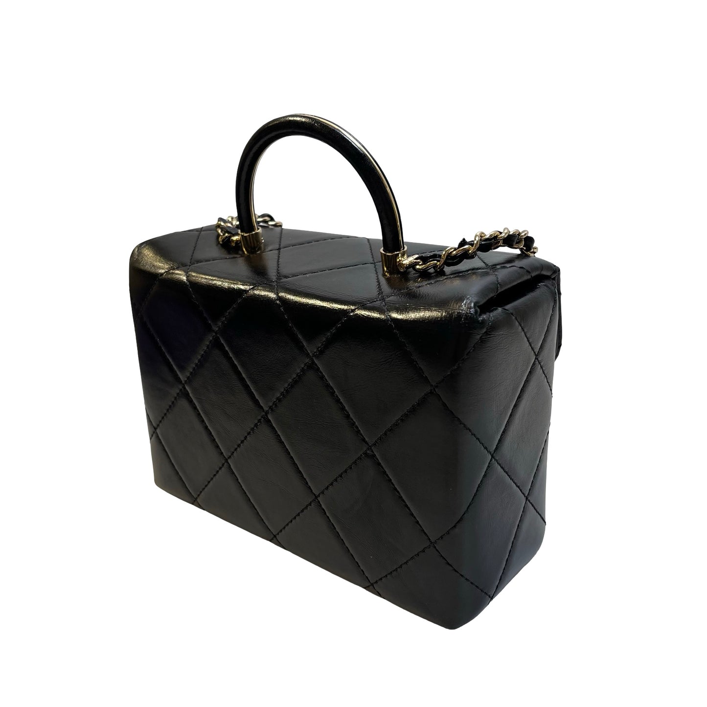Used CHANEL Quilted Lambskin Mini flap bag with top handle Mini Bag Black Gold tone hardware