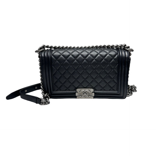 Used Chanel Boy 25cm Chain Shoulder Bag Black PHW