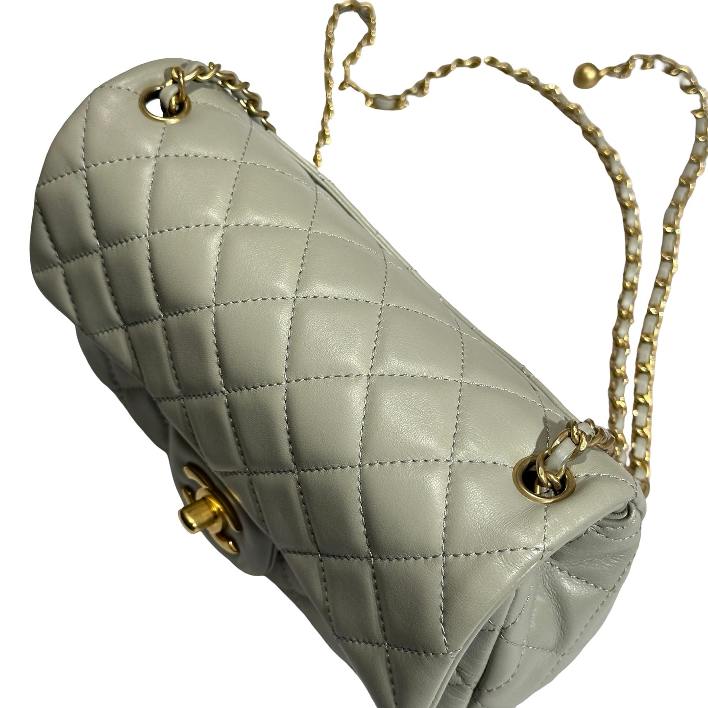 Used CHANEL Lambskin Leather Classic Flap with Gold Ball Chain Shoulder Bag Grey GHW