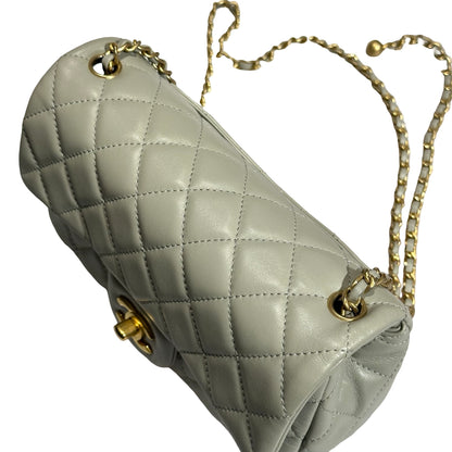 Used CHANEL Lambskin Leather Classic Flap with Gold Ball Chain Shoulder Bag Grey GHW