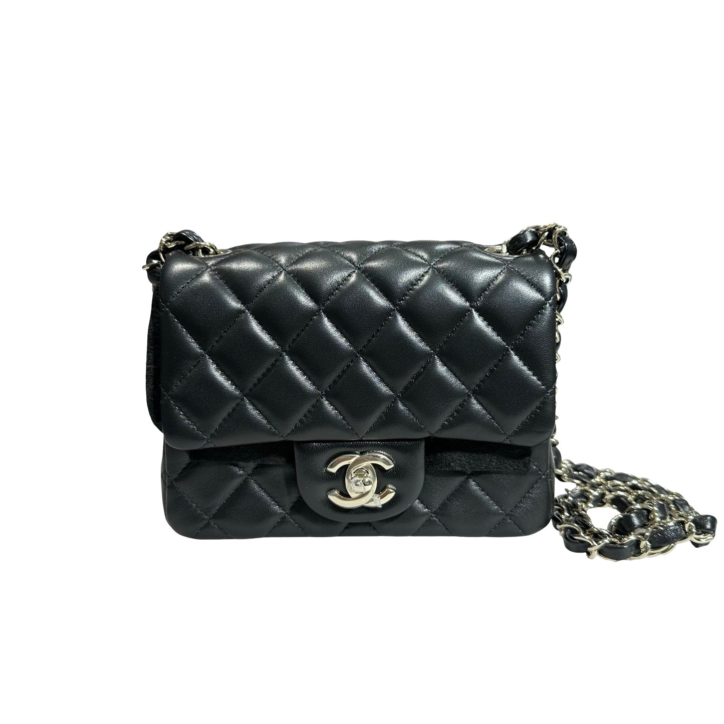 New Chanel Lambskin Leather Mini flap 17cm Cross Body Bag Black GHW