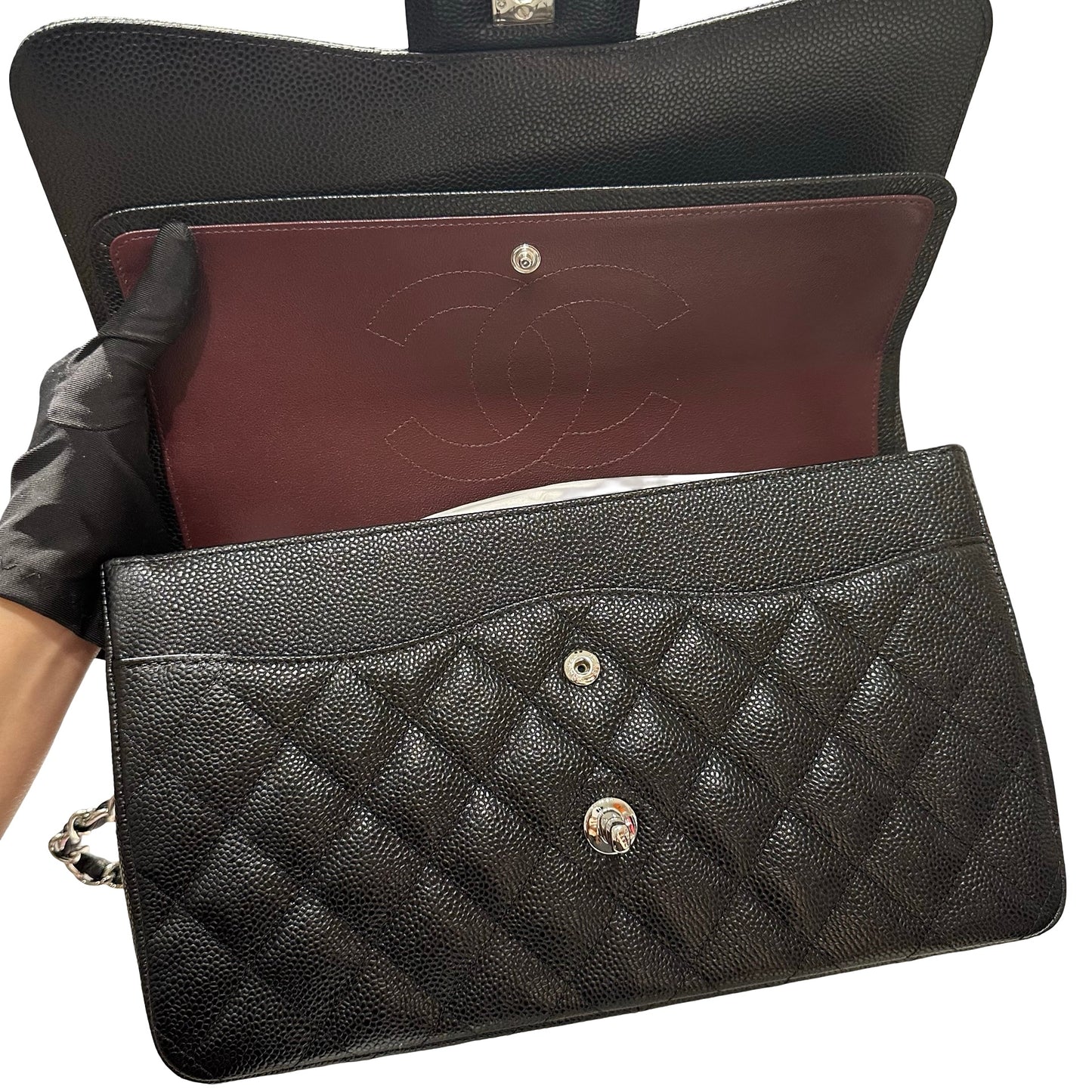 Used CHANEL Caviar Quilted Classic Flap Shoulder Bag Black Silver