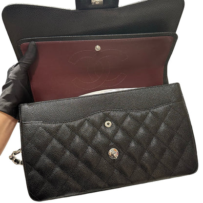 Used CHANEL Caviar Quilted Classic Flap Shoulder Bag Black Silver