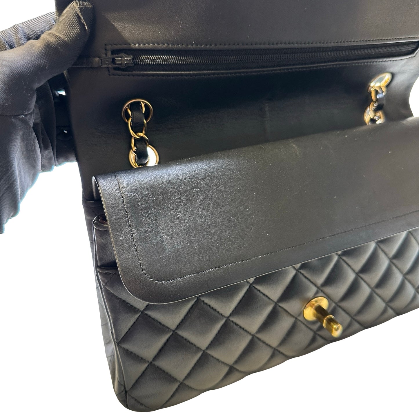 Used CHANEL Quilted Lambskin Classic Flap Chain Shoulder Bag Black Gold