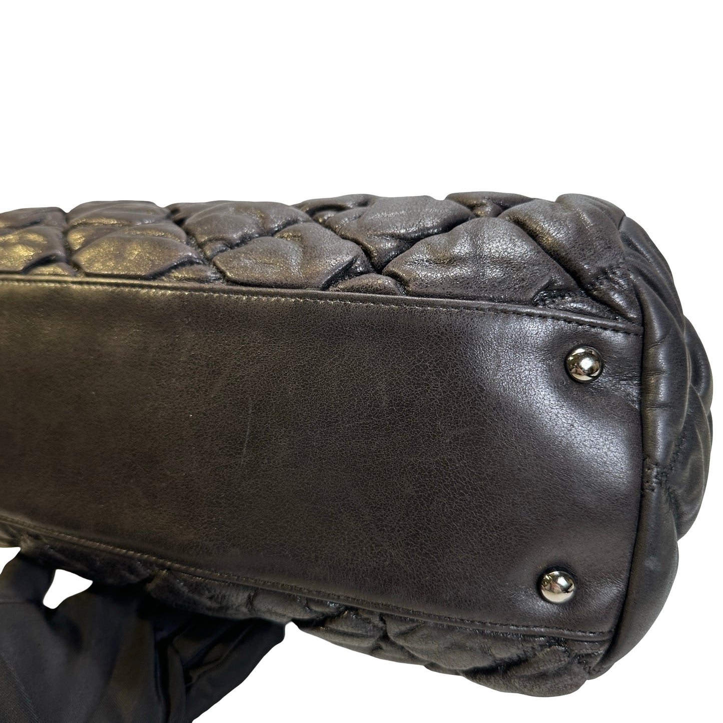 Used CHANEL Quilted Leather Bubble Quilted Bowler Bag Handbag Black Silver hardware