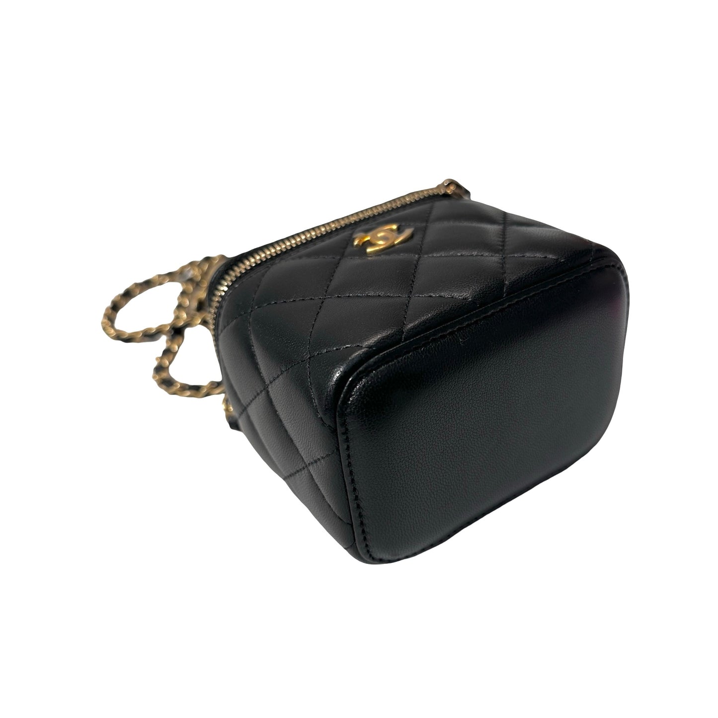 Used CHANEL Lambskin Leather Vanity Case with Gold Ball Cross Body Bag Black GHW