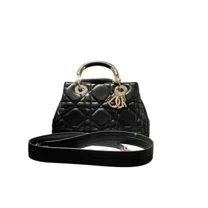 Used Dior Lambskin Leather Lady Dior Tote Bag Black GHW