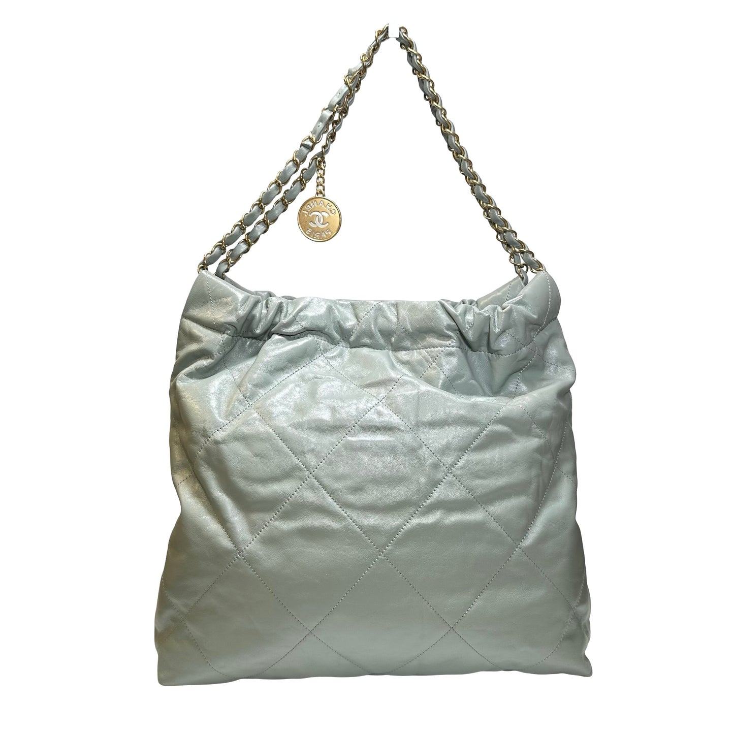 Used CHANEL Calfskin Leather 22 Medium Shoulder Bag Grey GHW