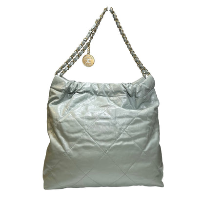Used CHANEL Calfskin Leather 22 Medium Shoulder Bag Grey GHW