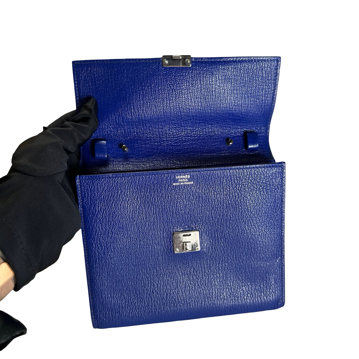 Used HERMES Chevre Clic 16 Crossbody Bag Blue，PHW