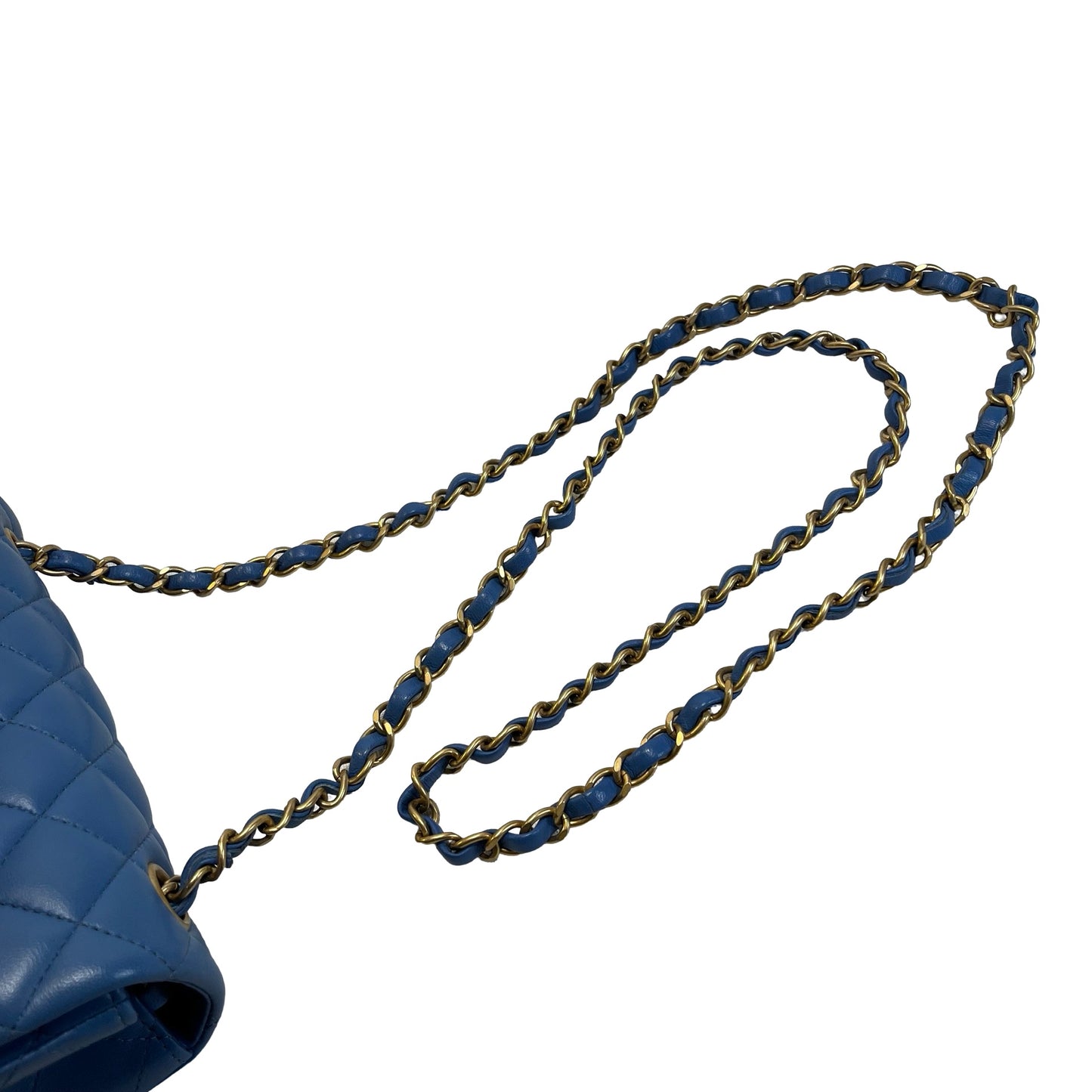 Used CHANEL Quilted Lambskin Classic Flap Handbag Blue Gold hardware