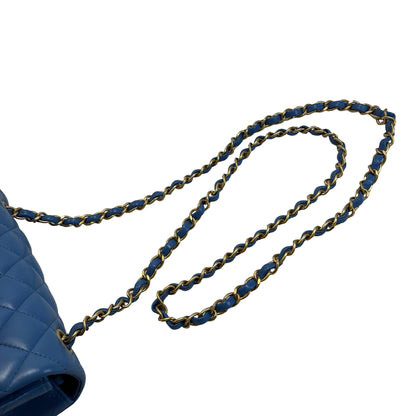 Used CHANEL Quilted Lambskin Classic Flap Handbag Blue Gold hardware