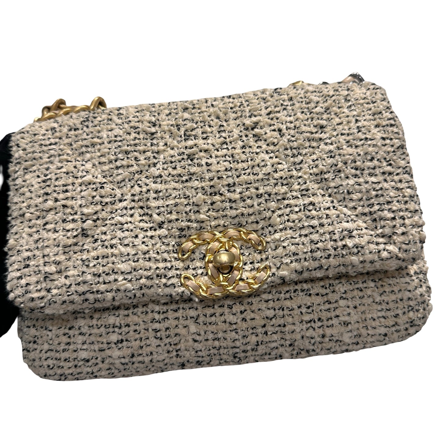 Used CHANEL Tweed 19 Small Cross Body Bag GHW Beige White