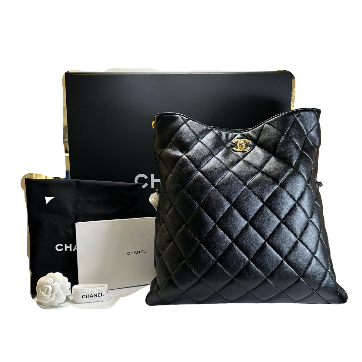 Used CHANEL Quilted Calfskin Hobo Bag Hobo Bag Black Gold