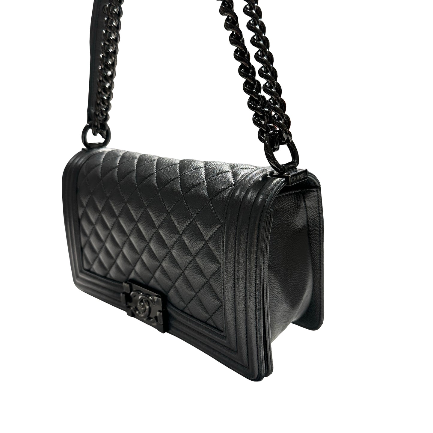 Used CHANEL Quilted Caviar Boy Chain Shoulder Bag Black