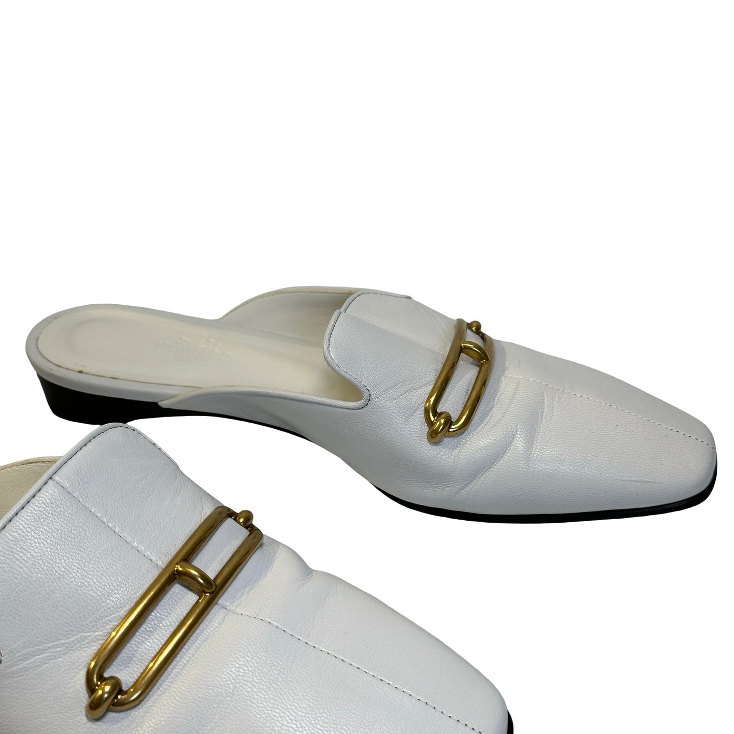 Used HERMES Leather Mules Shoes White Gold