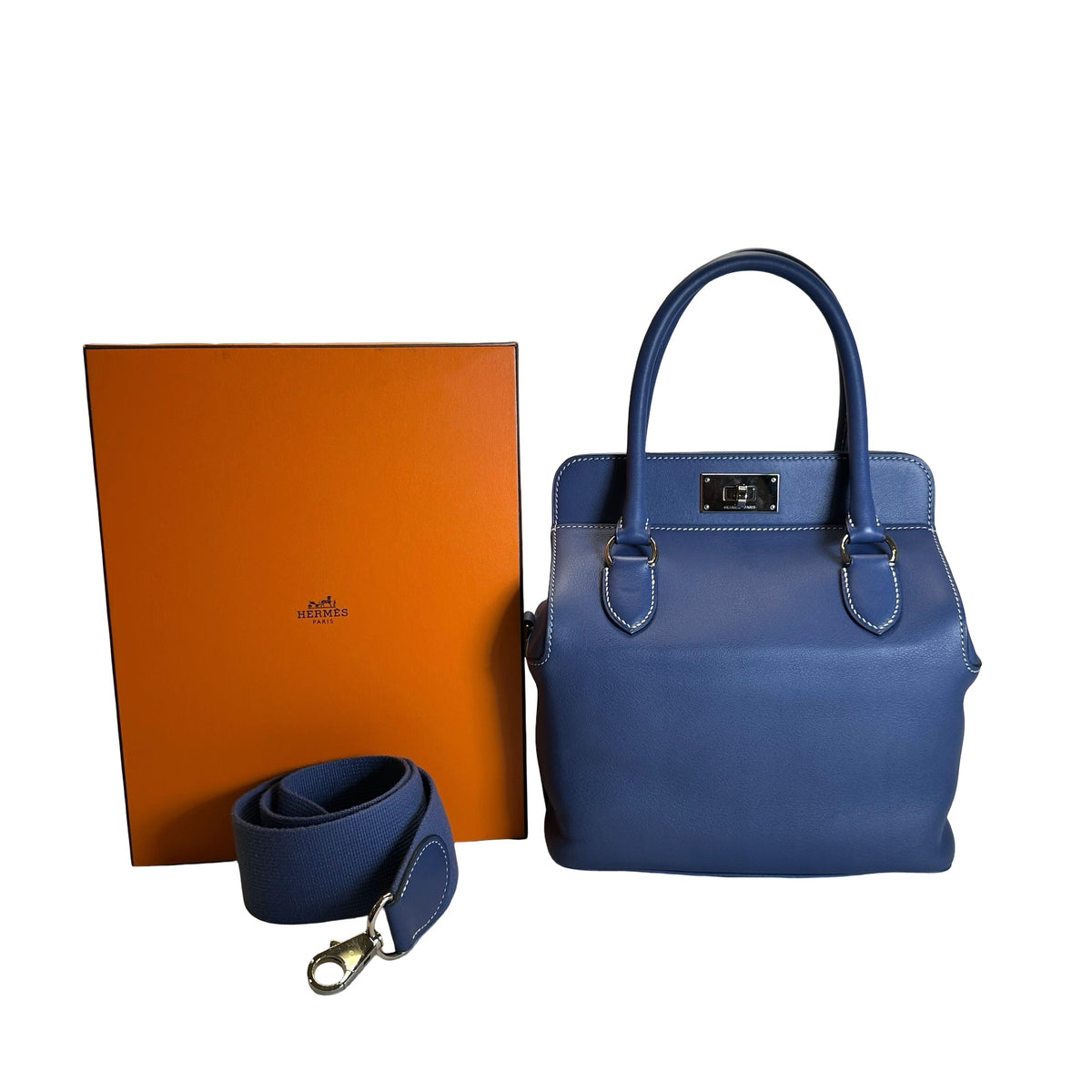 Used HERMES Leather Toolbox Handbag Blue