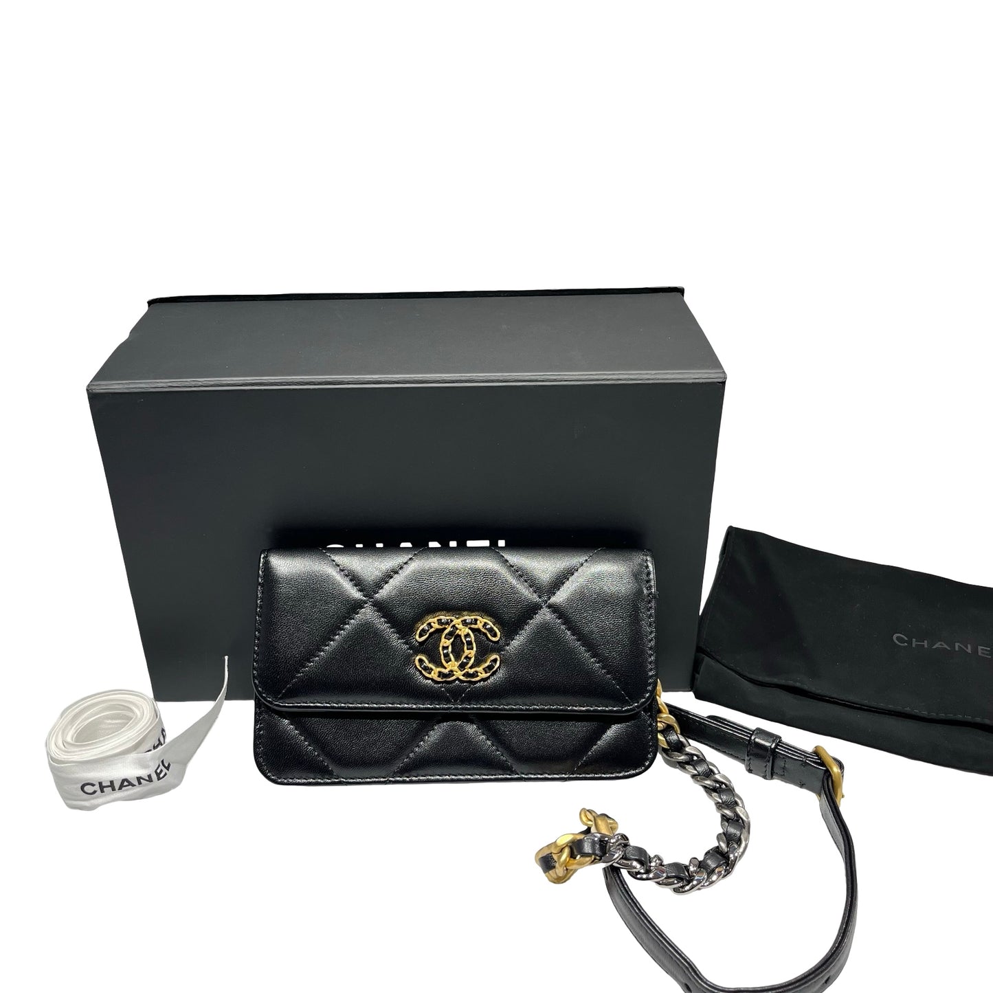 Used CHANEL Lambskin Leather 19 Belt Cross Body Bag Black GHW